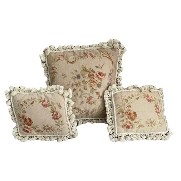 Qty. 3 Petit Point Needlepoint Wool Pillows 20” Sq & 12x14 French Abusson Style - Picture 1 of 16